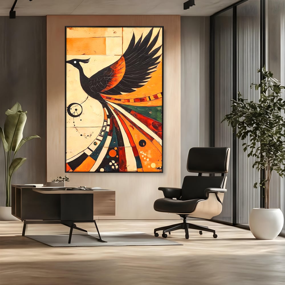 Tablou canvas cu tablou canvas cu pasar phoenix stilizata, in rama de aluminiu negru, pe perete intr-un birou